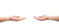 2 Asian hands open the palm of the hand for share and get, give and take, donate and beg or any actions together on white