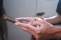 Asian hands are using smartphones