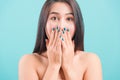 Woman standing smiling surprised excited her covering mouth with hands Royalty Free Stock Photo