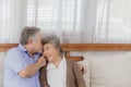 Asian happy retired senior smiling cute eldery couple enjoying & laughing dancing together in home. Romantic relationship of Royalty Free Stock Photo