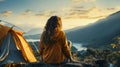 Asian happy woman hiker is sitting and camping on the mountain with sunset and river view for travel with the nature in the