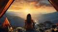 Asian happy woman hiker is sitting and camping on the mountain with sunset and river view for travel with the nature in the