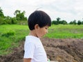 Asian healthy child boy in nature background in side view. Happy cute kid have joy time in farm outdoor. Royalty Free Stock Photo
