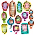 Asian holiday hand drawn doodle paper lanterns.