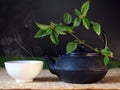 Asian hot tea in black teapot and white cup on the mat