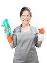 Asian housewife holding spray bottle and rag Royalty Free Stock Photo