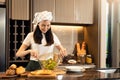 Asian housewife preparing fresh vegetables to make salad at home kitchen counter Royalty Free Stock Photo