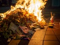 Asian Hungry Ghost day, paper money burning at bone fire, Buddhist and Taoist festival