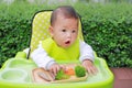 Asian infant baby boy eating by Baby Led Weaning BLW. Finger foods concept Royalty Free Stock Photo