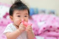 Asian Infant girl biting teether, baby growing first tooth Royalty Free Stock Photo