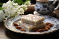 Asian inspired presentation of delectable sweet almond fudge on a white tin plate, ramadan and eid wallpaper