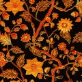 Asian inspired repeating background of flame colored leaves and branches