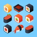 Asian isometric food. Sushi, rolls and other japan food