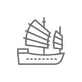 Asian Junk boat, Hong Kong ship line icon. Royalty Free Stock Photo