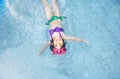 Asian kid big smile to playing swim in water pool Royalty Free Stock Photo