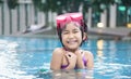 Asian kid big smile to playing swim in water pool Royalty Free Stock Photo