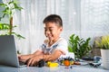 Asian kid boy learns coding and programming with laptop for Arduino robot car Royalty Free Stock Photo