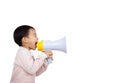 Asian kid shouts something by megaphone Royalty Free Stock Photo