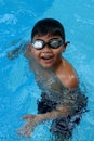 Asian kid standing in swimming pool - happy face smiling Royalty Free Stock Photo