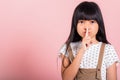 Asian kid 10 years old holding finger on lips symbol of hush gesture of asking quiet Royalty Free Stock Photo
