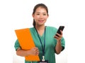Asian Korean woman as successful physician using hand phone - young beautiful and happy medicine doctor or chief hospital nurse in Royalty Free Stock Photo