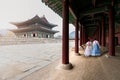 Asian Korean woman dressed Hanbok in traditional dress walking i