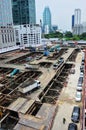 Asian labor people and thai labour worker use machine and heavy machinery working builder railway track electric sky train at