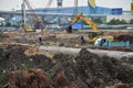 Asian labor people and thai labour workers use machine and heavy machinery working builder building tower at construction site