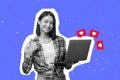 Asian lady using laptop with hearts gesturing thumbs up, collage Royalty Free Stock Photo