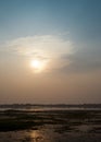 Asian lake with water plants sunbeams orange sun blue sky beautiful sunset