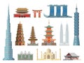 Asian landmarks. Flat color historical city buildings and constructions, cultural tourist excursions places. Hong Kong