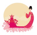 Asian Landscape and beautiful geisha Royalty Free Stock Photo