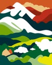 Asian landscape with mountain peaks, hills, forests and fields, cloudy sky. Vertical poster on the theme of tourism.