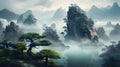 Asian Landscape: Tranquil River And Misty Mountains