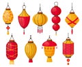 Asian lanterns. Chinese traditional red paper lamps, japanese or chinese street decoration. Oriental festival lanterns