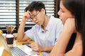 Asian lesbian couple working at home Stressful financial problems. Royalty Free Stock Photo