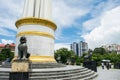 Asian lion statue leogryph chinthe metal grey at the base of Burmese Independence Monument Obelisk