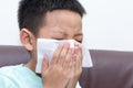 Asian little boy blowing his nose or cleaning nose with tissue. The little boy was sick and was sneezing Royalty Free Stock Photo