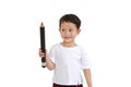 Asian little boy holding big pencil and looking up isolated on white background. Kid and education concept Royalty Free Stock Photo