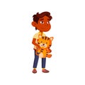 asian little boy holding tiger toy cartoon vector