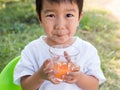 Asian little child boy holding glass of orange juice. Royalty Free Stock Photo