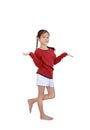 Asian little child gesture hands to present with Stand on one leg on white isolated background with clipping path