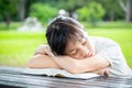 Asian little child girl sleeping while reading book,naps make the brain fresh and conscious,female student sleep on table while Royalty Free Stock Photo