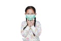 Asian little child girl wearing medical protective mask and point fingers at mask isolated on white background with looking at Royalty Free Stock Photo