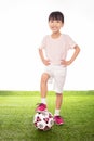 Asian Little Chinese Girl playing football Royalty Free Stock Photo