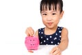 Asian Little Chinese Girl Putting Coins into Piggy Bank Royalty Free Stock Photo