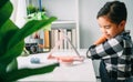 Asian Little Girl Combing Hair. Smiling Lady in MirrorCombing Hair. Baby Makeup Artist. Children`s Hairdress Royalty Free Stock Photo