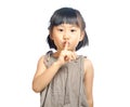 Asian little girl finger up to lips for making a quiet gesture i