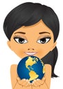 Asian little girl holding earth globe