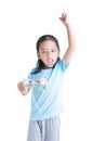 Asian little girl holding games joystick controller on white background Royalty Free Stock Photo